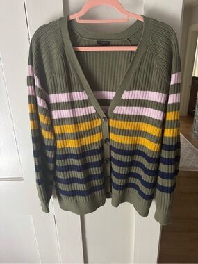 Talbots Olive Striped Ribbed V-Neck Cardigan with Pink, Mustard & Navy
